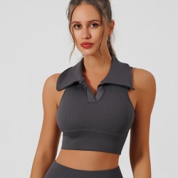 Polo lapel vest with ribbed bra pads for women, slimming and transparent for running. Airy sleeveless yoga fitness top