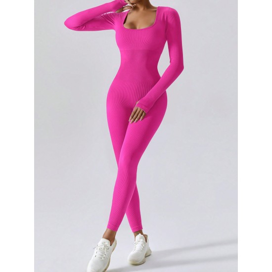 Cross-border dropshipping: Classic Autumn/Winter Long-Sleeved Women's Ribbed Bodysuit with High Elasticity for Fitness and Yoga.