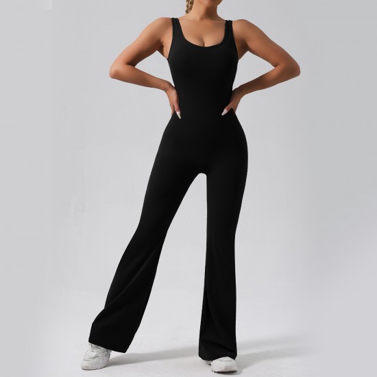 New Cross-border European and American Hollow Back Bodysuit, Peach Hip-Lifting Fitness Fitness Suit, Slightly Flared Yoga Bodysuit for Women