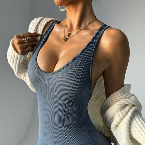 New European and American cross-border seamless, slimming sports bodysuit, cross-body, back-enhancing, ribbed yoga bodysuit for outdoor use.