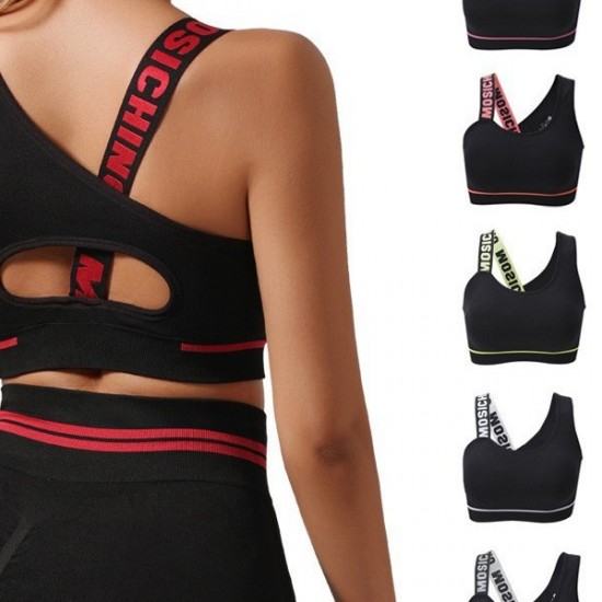 Cross-border one-shoulder, English-style, beautiful back, elastic push-up sports bra, running and fitness three-quarter pants set.