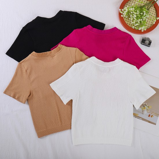 New cross-border round-neck T-shirt, Amazon yoga short-sleeved ribbed cotton spring/summer pullover top.