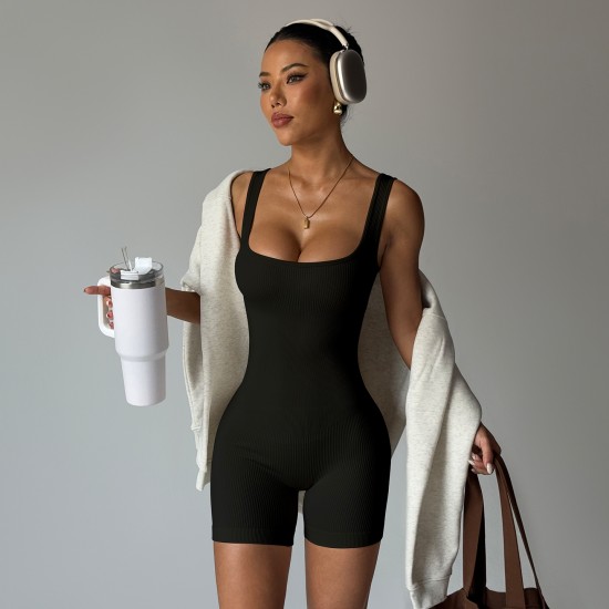 European and American classic seamless U-back bodysuit, solid color tight sports jumpsuit for women.