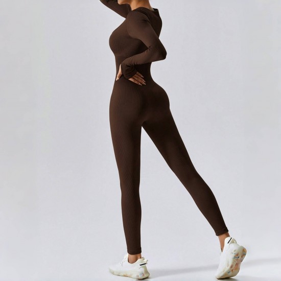Cross-border dropshipping: Classic Autumn/Winter Long-Sleeved Women's Ribbed Bodysuit with High Elasticity for Fitness and Yoga.