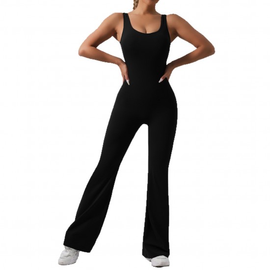 New Cross-border European and American Hollow Back Bodysuit, Peach Hip-Lifting Fitness Fitness Suit, Slightly Flared Yoga Bodysuit for Women