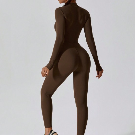 New cross-border tight, zippered, long-sleeved, slim-fitting, hip-revealing fitness bodysuits for women, running and exercise.