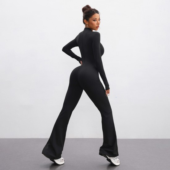 Xiyin's new patchwork zippered yoga jumpsuit, long-sleeved, slim-fitting, hip-lifting fitness jumpsuit for women, European and American autumn and winter