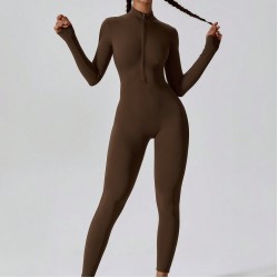 New cross-border tight, zippered, long-sleeved, slim-fitting, hip-revealing fitness bodysuits for women, running and exercise.