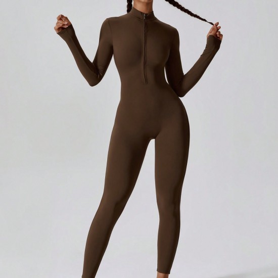 New cross-border tight, zippered, long-sleeved, slim-fitting, hip-revealing fitness bodysuits for women, running and exercise.