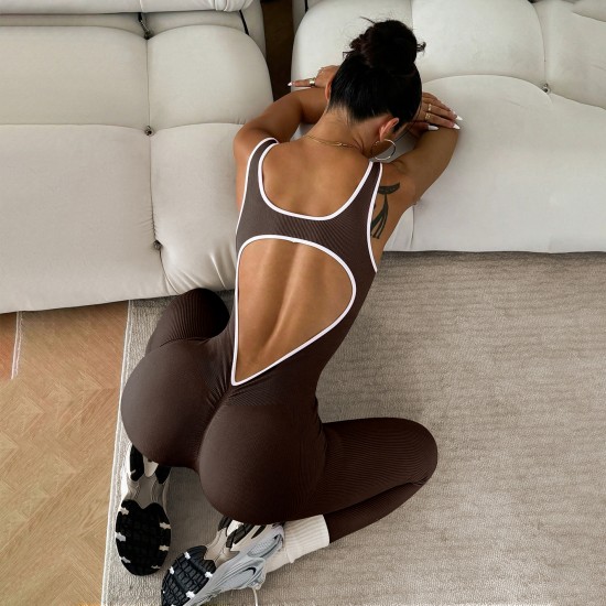 Xiyin's popular seamless sports jumpsuit with a beautiful back, sleeveless, tight, hip-lifting, quick-drying ribbed yoga jumpsuit for women.