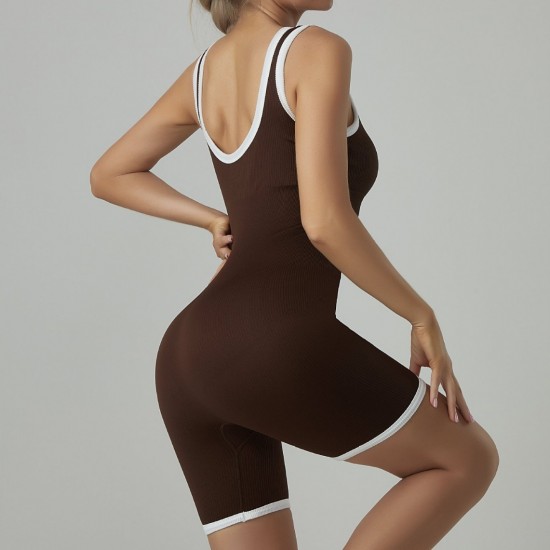 European and American contrasting color, sexy U-back yoga bodysuit, shorts, with padded waist vest, fitness and fitness bodysuit.