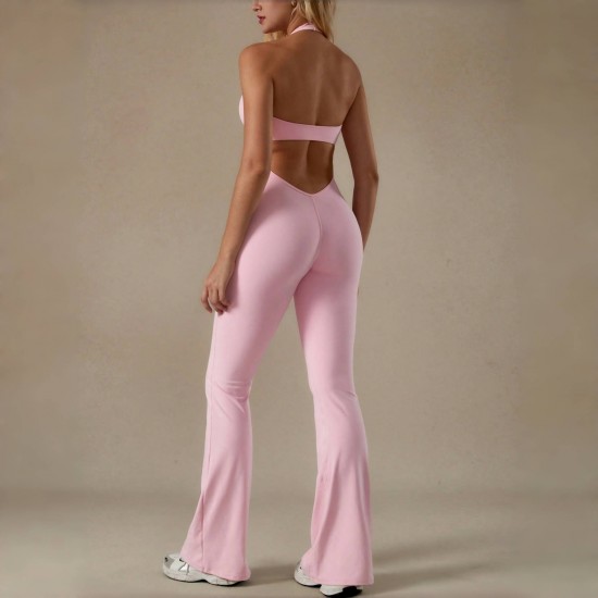 Cross-border hot-selling lace V-neck yoga jumpsuit for women, fashionable, back-enhancing, hip-lifting, tummy-tightening, halter-neck jumpsuit with flared pants