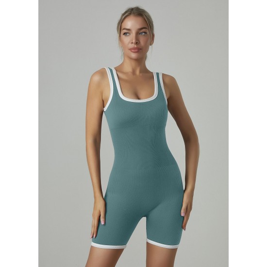 European and American contrasting color, sexy U-back yoga bodysuit, shorts, with padded waist vest, fitness and fitness bodysuit.