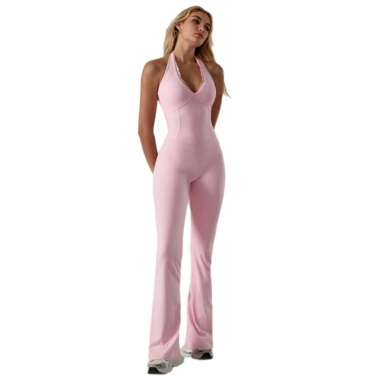 Cross-border hot-selling lace V-neck yoga jumpsuit for women, fashionable, back-enhancing, hip-lifting, tummy-tightening, halter-neck jumpsuit with flared pants