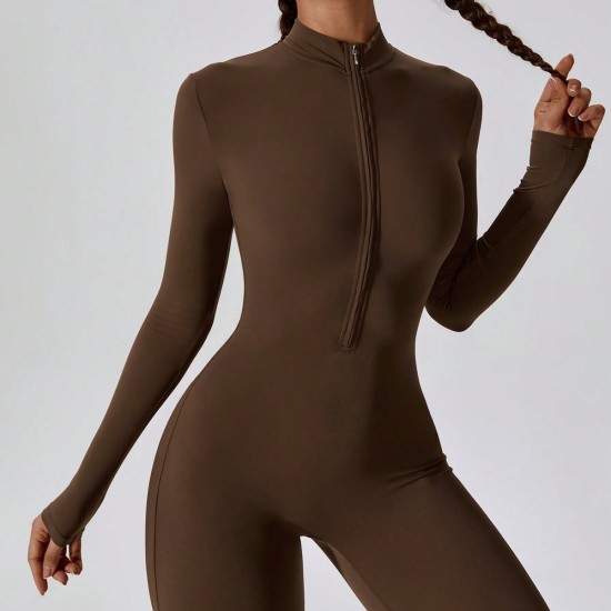 New cross-border tight, zippered, long-sleeved, slim-fitting, hip-revealing fitness bodysuits for women, running and exercise.