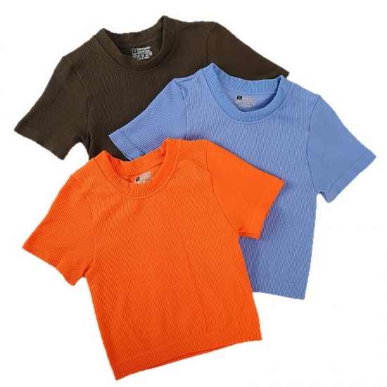 New cross-border round-neck T-shirt, Amazon yoga short-sleeved ribbed cotton spring/summer pullover top.