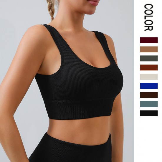 European and American solid color ribbed yoga bra, U-shaped, seamless, cross-border sports and fitness yoga vest bra for women