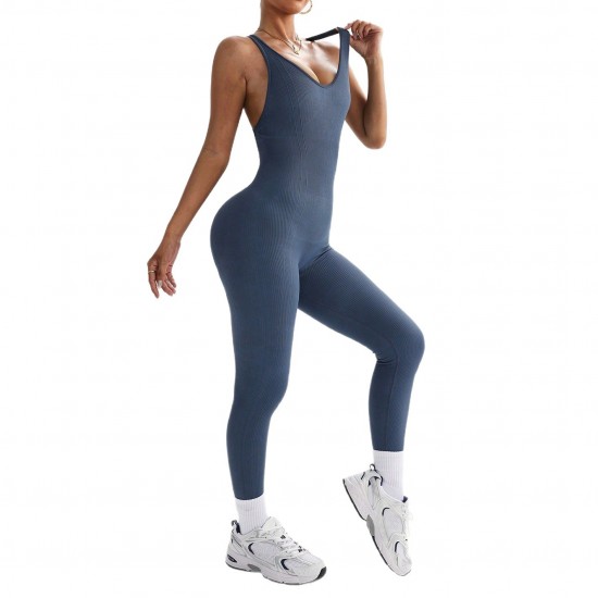 New European and American cross-border seamless, slimming sports bodysuit, cross-body, back-enhancing, ribbed yoga bodysuit for outdoor use.