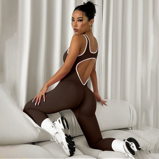 Xiyin's popular seamless sports jumpsuit with a beautiful back, sleeveless, tight, hip-lifting, quick-drying ribbed yoga jumpsuit for women.