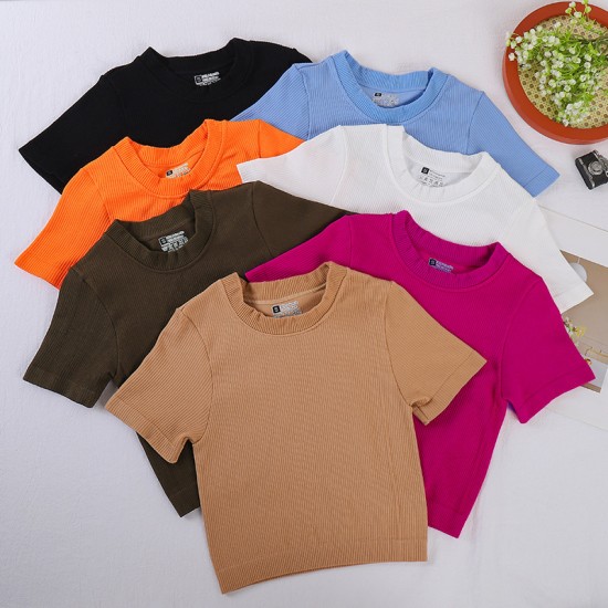 New cross-border round-neck T-shirt, Amazon yoga short-sleeved ribbed cotton spring/summer pullover top.