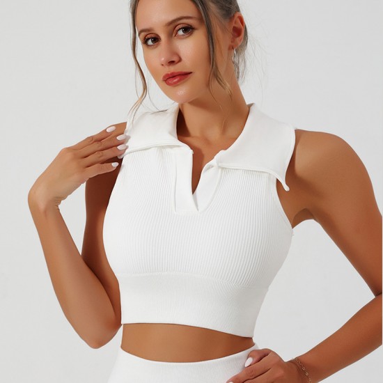 Polo lapel vest with ribbed bra pads for women, slimming and transparent for running. Airy sleeveless yoga fitness top