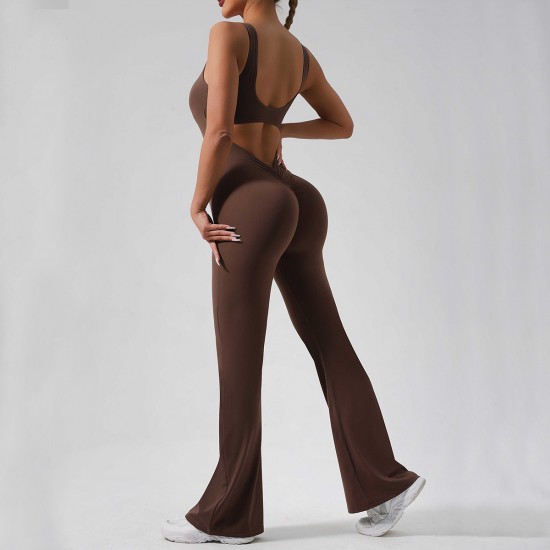 New Cross-border European and American Hollow Back Bodysuit, Peach Hip-Lifting Fitness Fitness Suit, Slightly Flared Yoga Bodysuit for Women