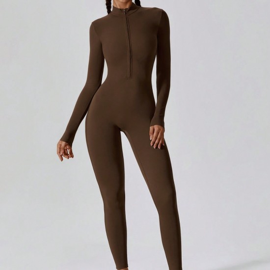 New cross-border tight, zippered, long-sleeved, slim-fitting, hip-revealing fitness bodysuits for women, running and exercise.
