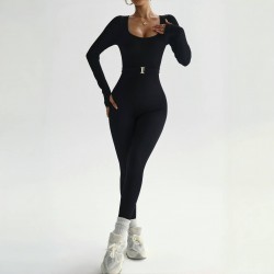 New cross-border seamless ribbed long-sleeved, high-elastic, tummy-control, body-shaping, fitness training, and yoga wear for women.