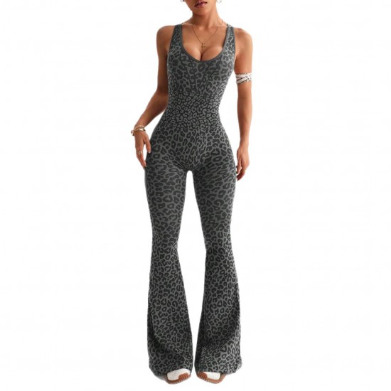 In Stock & Xiyin's popular leopard print jumpsuit with flared pants, a casual, sexy yoga jumpsuit, Amazon Europe and America.