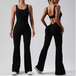 New Cross-border European and American Hollow Back Bodysuit, Peach Hip-Lifting Fitness Fitness Suit, Slightly Flared Yoga Bodysuit for Women