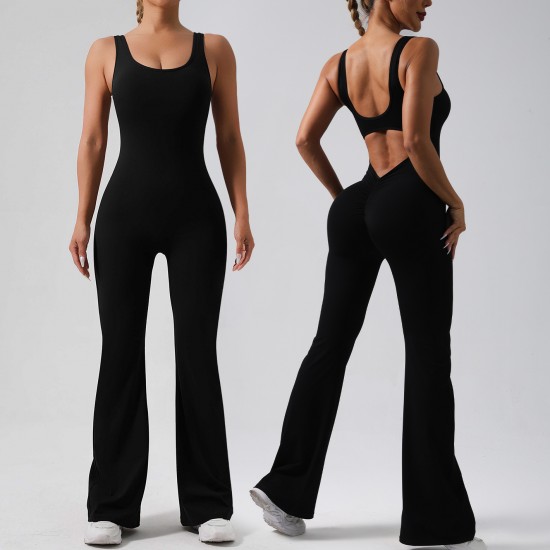 New Cross-border European and American Hollow Back Bodysuit, Peach Hip-Lifting Fitness Fitness Suit, Slightly Flared Yoga Bodysuit for Women