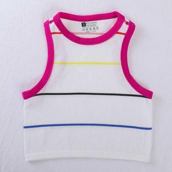 Retro American-style colorful striped knitted vest for women, summer base layer, halter top for outerwear.