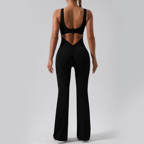 New Cross-border European and American Hollow Back Bodysuit, Peach Hip-Lifting Fitness Fitness Suit, Slightly Flared Yoga Bodysuit for Women