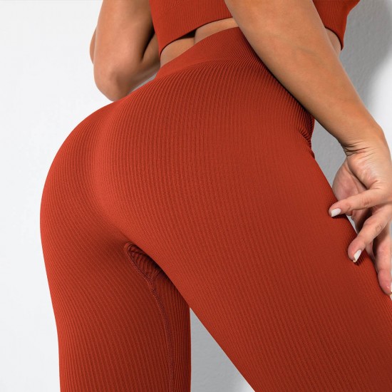 Cross-border sports and seamless, export-oriented European and American high-waisted, peach hip striped cropped fitness pants for women