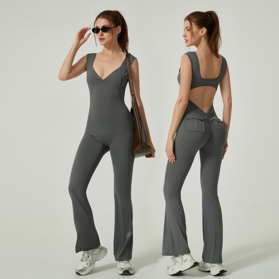 Best-selling cross-border quick-drying yoga jumpsuit, one-piece yoga jumpsuit for women, slimming, tummy-control, and hip-lifting, slightly flared fitness jumpsuit