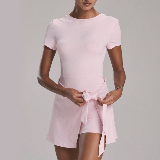 European and American fake two-piece tight sports dress, sexy slit straps, U-shaped back bodysuit.