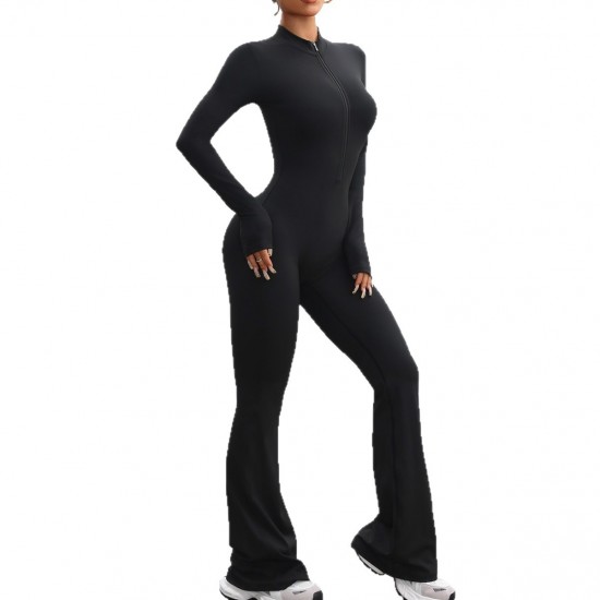Xiyin's new patchwork zippered yoga jumpsuit, long-sleeved, slim-fitting, hip-lifting fitness jumpsuit for women, European and American autumn and winter