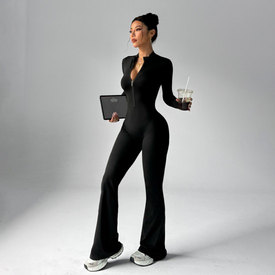 Xiyin's new patchwork zippered yoga jumpsuit, long-sleeved, slim-fitting, hip-lifting fitness jumpsuit for women, European and American autumn and winter