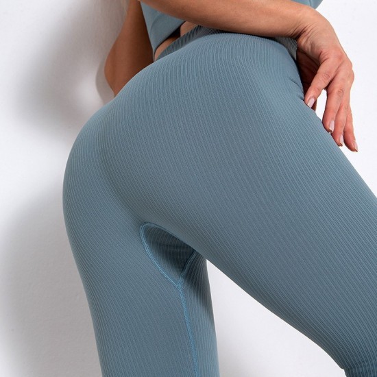 Cross-border sports and seamless, export-oriented European and American high-waisted, peach hip striped cropped fitness pants for women