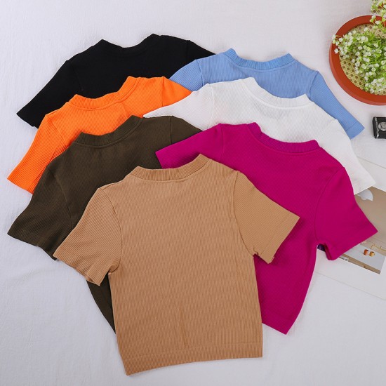 New cross-border round-neck T-shirt, Amazon yoga short-sleeved ribbed cotton spring/summer pullover top.
