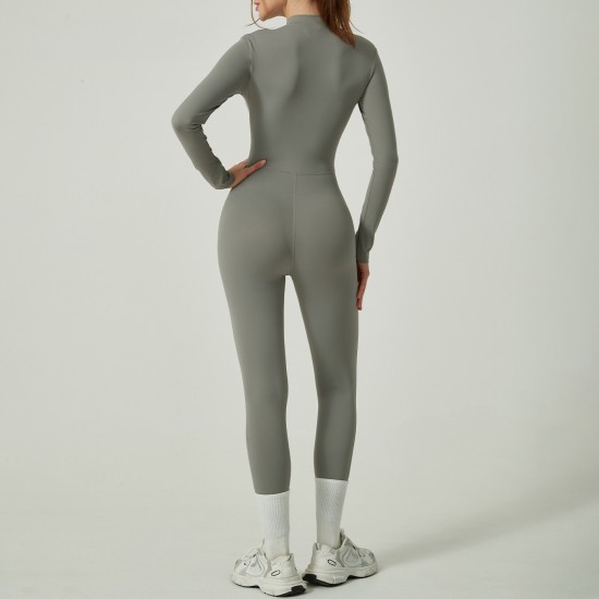 2025 cross-border solid color long-sleeved zippered yoga jumpsuit, European and American high-neck slimming fitness jumpsuit for outerwear.