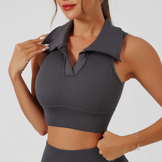 Polo lapel vest with ribbed bra pads for women, slimming and transparent for running. Airy sleeveless yoga fitness top