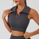 Polo lapel vest with ribbed bra pads for women, slimming and transparent for running. Airy sleeveless yoga fitness top