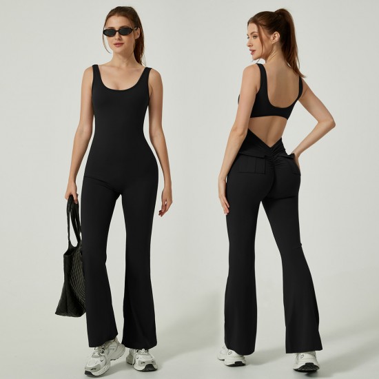 Best-selling cross-border quick-drying yoga jumpsuit, one-piece yoga jumpsuit for women, slimming, tummy-control, and hip-lifting, slightly flared fitness jumpsuit