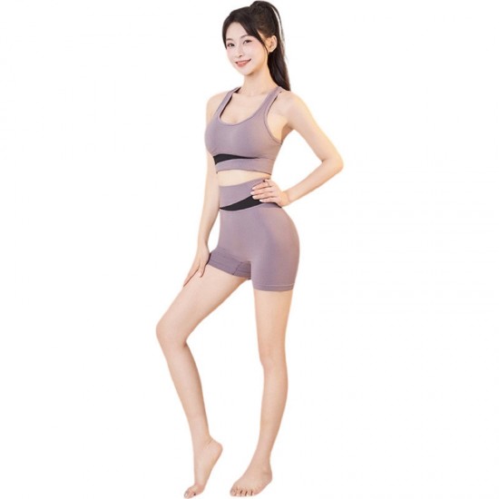 Cross-border colorblock quick-drying yoga suit, high-waisted, hip-lifting, fitness suit, shockproof running sports bra boxer briefs