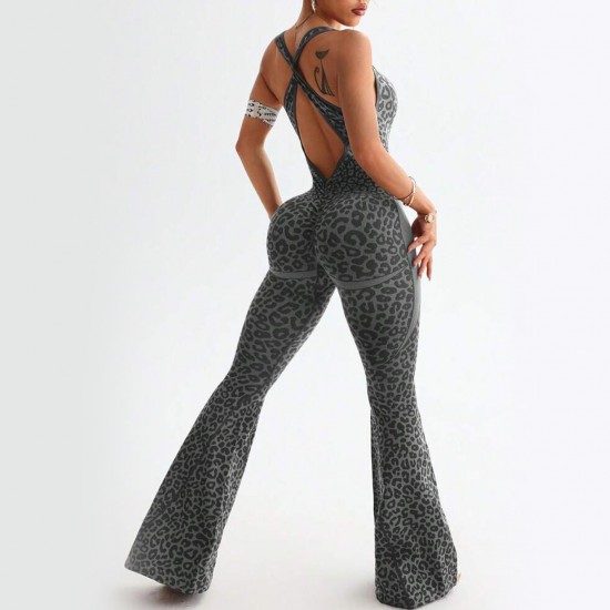 In Stock & Xiyin's popular leopard print jumpsuit with flared pants, a casual, sexy yoga jumpsuit, Amazon Europe and America.