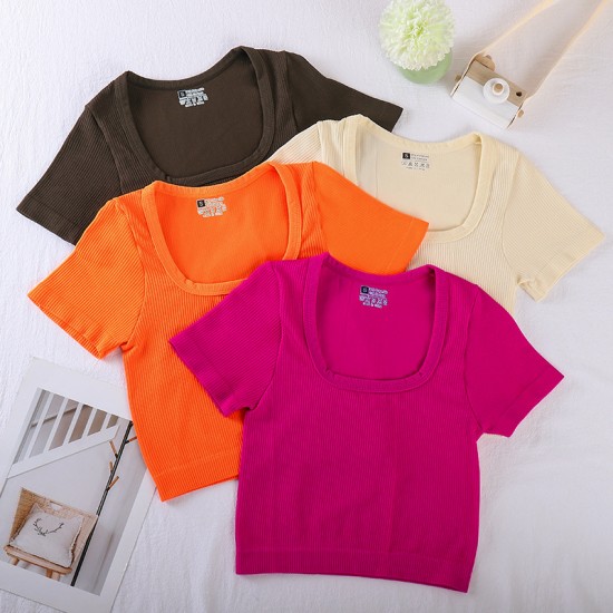 Best-selling cross-border T-shirt, Amazon large square-neck yoga short-sleeved tights for autumn.