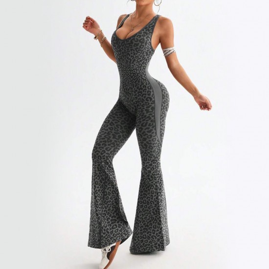 In Stock & Xiyin's popular leopard print jumpsuit with flared pants, a casual, sexy yoga jumpsuit, Amazon Europe and America.