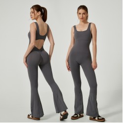 New European and American Hollow Back Bodysuit, Women's Outdoor, Fashionable, Casual Yoga Bodysuit, Slightly Flared