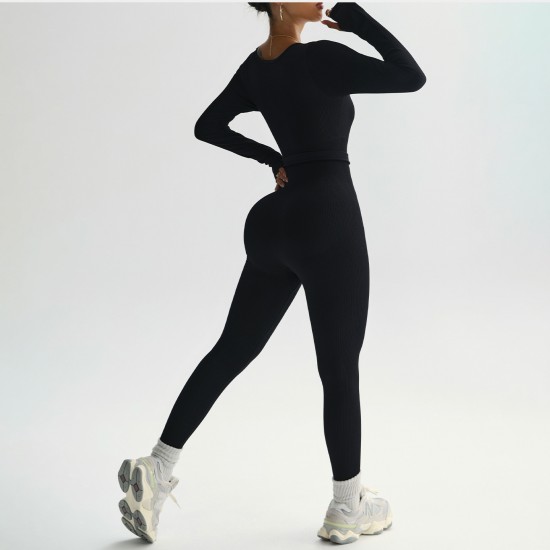 New cross-border seamless ribbed long-sleeved, high-elastic, tummy-control, body-shaping, fitness training, and yoga wear for women.